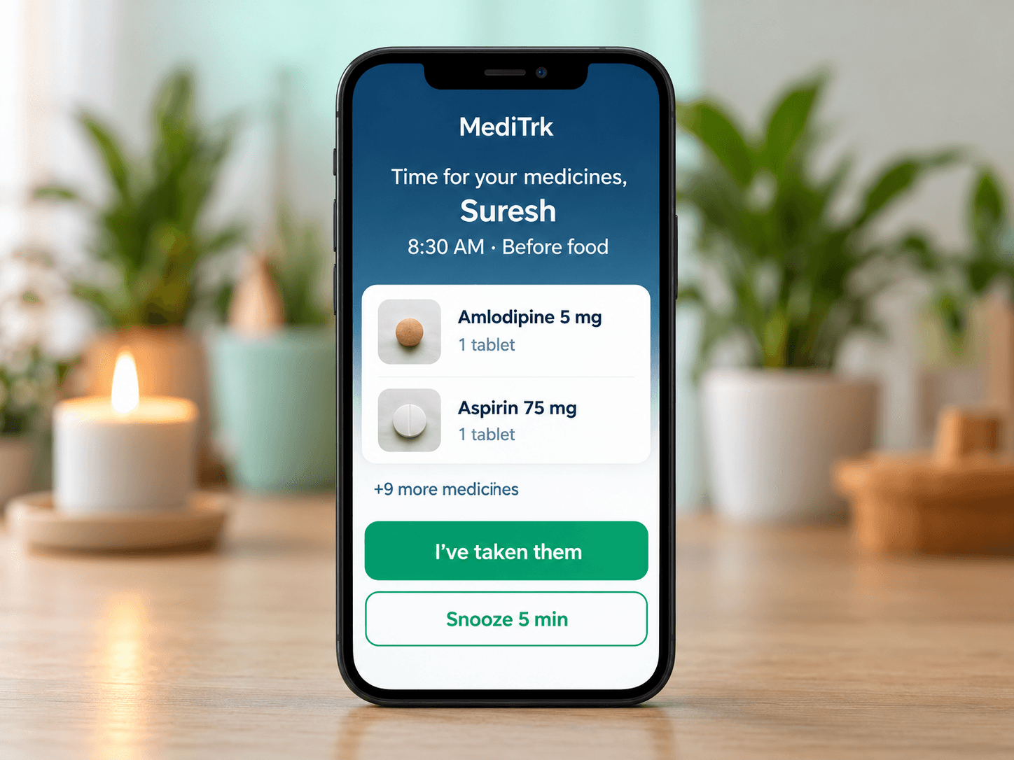 MediTrKr medicine reminder app displayed on a phone