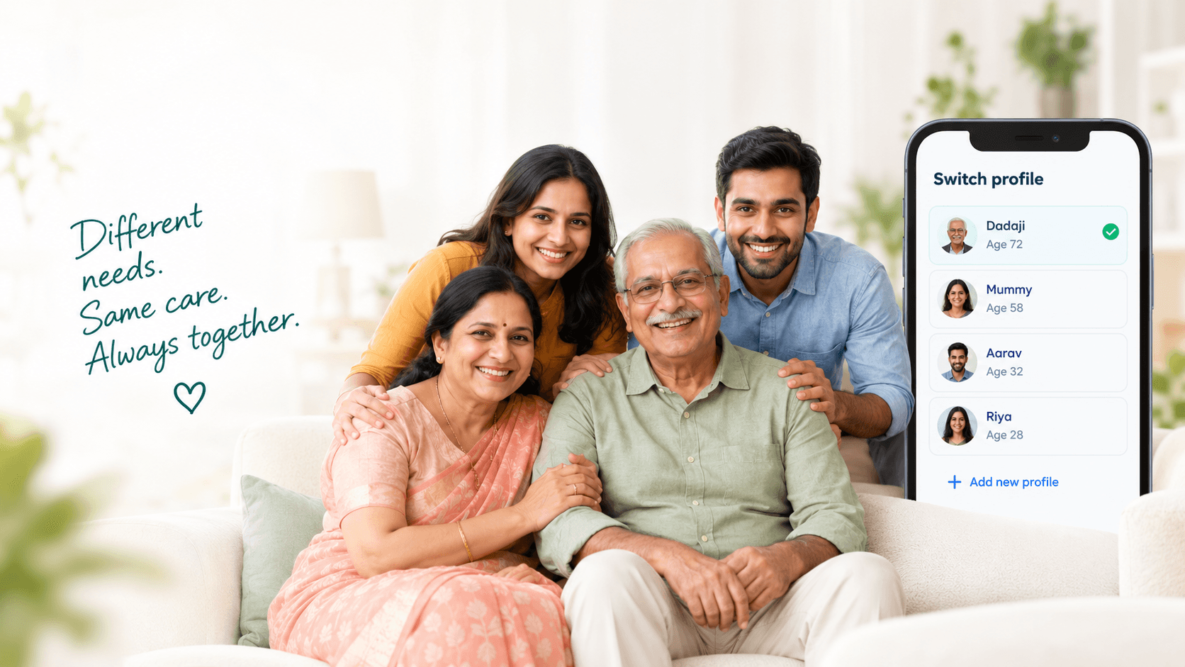 Family together with the medicine profile phone interface